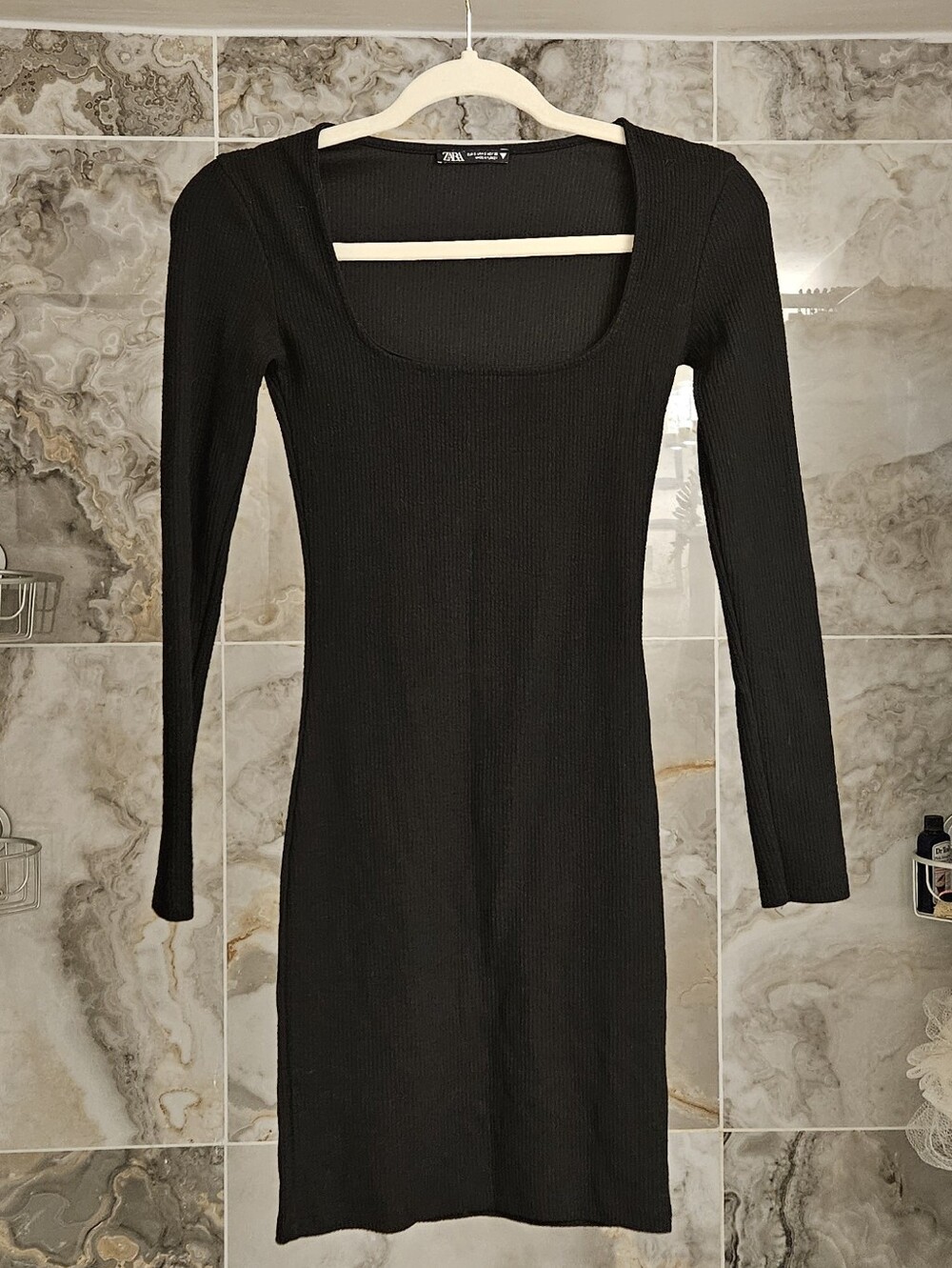 Zara Black Ribbed Long-Sleeve Square Neck Mini Dress